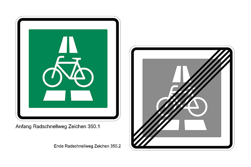 Zeichen Radschnellweg 350.1 und 350.2 Schild Radschnellweg Anfang grün und Schild Ende Radschnellweg grau